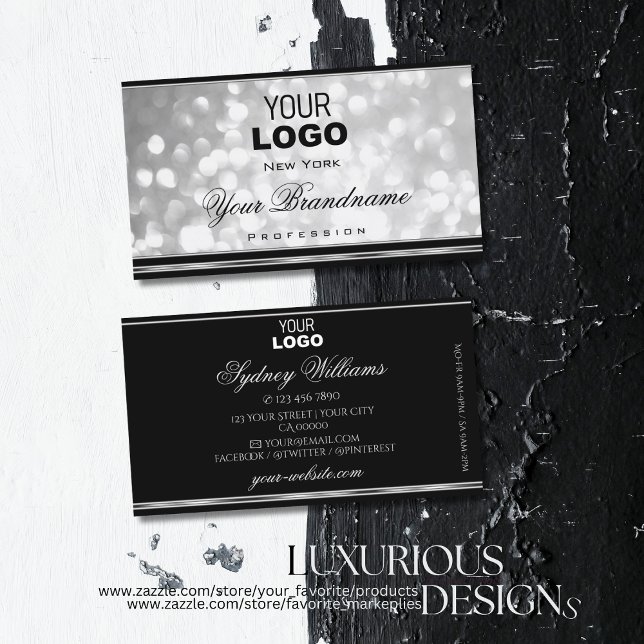 Luxus Silver Glitzer Logo Schwarz Silber Border Visitenkarte (Von Creator hochgeladen)