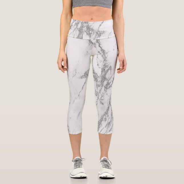 Luxus Silver Glitzer Marmor Capri Leggings (Vorderseite)