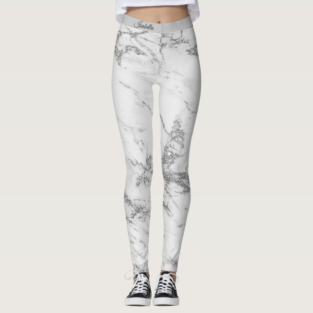 Luxus Silver Glitzer Marmor Hinzufügen Text Leggings (Vorderseite)