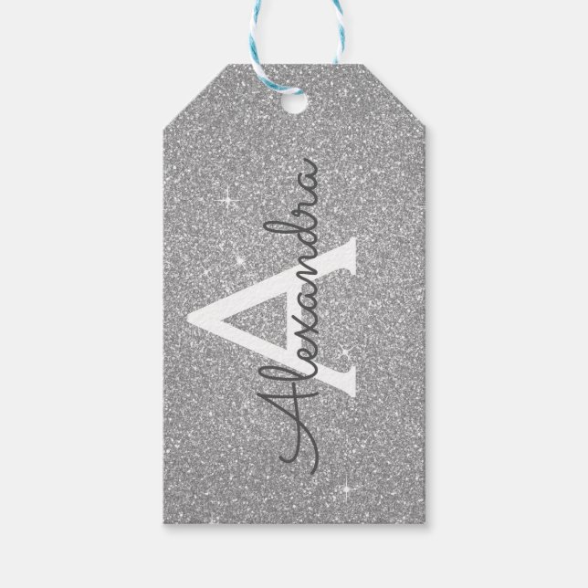 Luxus Silver Glitzer & Sparkle Monogram Geschenkanhänger (Vorderseite)
