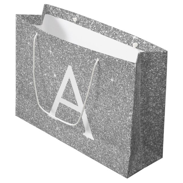 Luxus Silver Glitzer & Sparkle Monogram Große Geschenktüte (Vorderseite Schrägansicht)