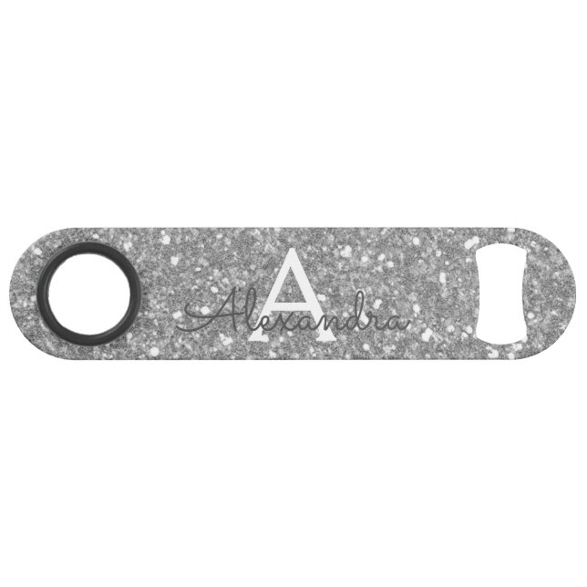 Luxus Silver Glitzer & Sparkle Monogram Speed Flaschenöffner (Vorderseite (Horizontal))