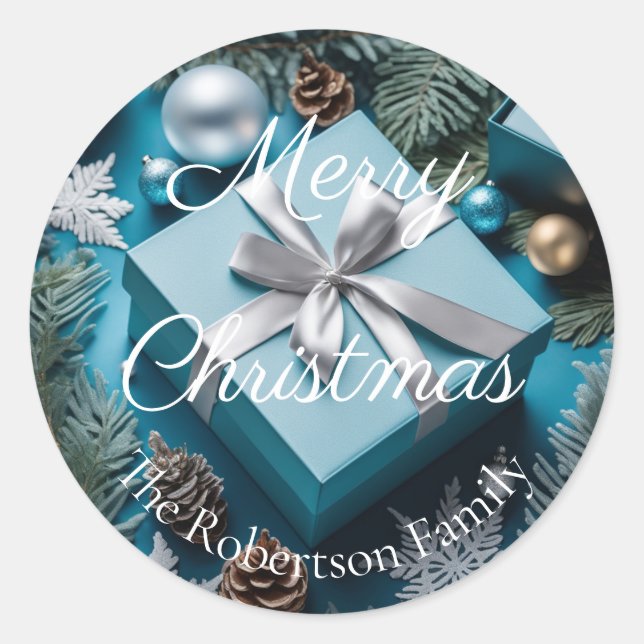 Luxus Silver & Light Icy Blue Weihnachtsgeschenke Runder Aufkleber (Vorderseite)