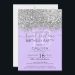 Luxus Silver Lila Glitzer Confetti Sweet 16 Einladung<br><div class="desc">Die elegante, glamouröse und moderne, süße 16-jährige Geburtstagsfeier lädt zum zeitgenössischen und stilvollen Teenager ein. Es verfügt über ein Imitat gedruckt silber funkelnd Glitzer Konfetti gesprenkelt Farbe Block auf einem einfachen Lavendel lila Hintergrund mit einer großen Zahl "16" in einem passenden pastellfarbenen lila. Die Rückseite zeigt den gleichen Glitzer, aber...</div>