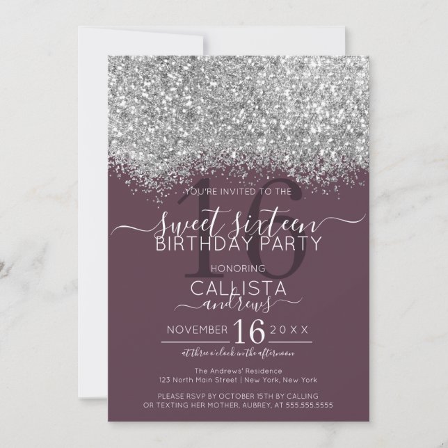 Luxus Silver Lila Glitzer Confetti Sweet 16 Einladung (Vorderseite)