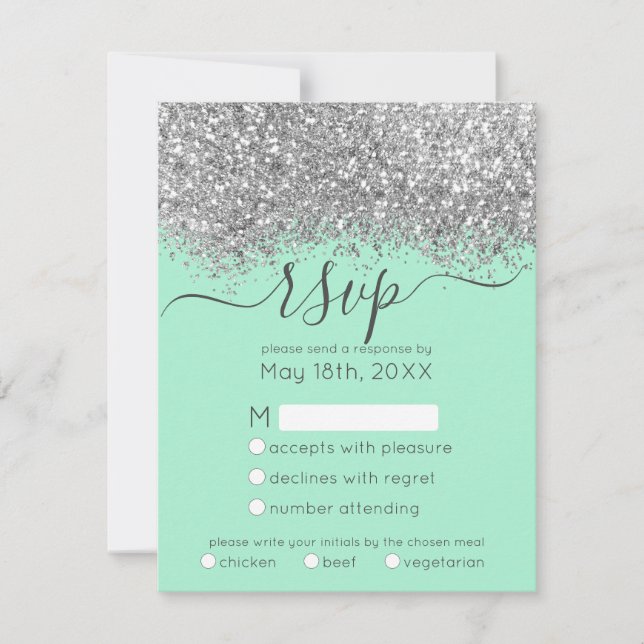 Luxus Silver Neo Mint Glitzer Confetti Wedding RSVP Karte (Vorderseite)