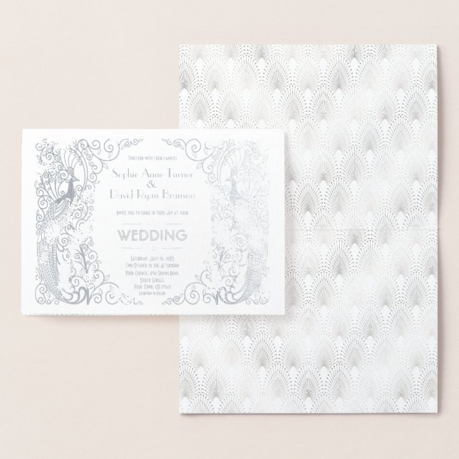 Luxus Silver Peacock Art Deco 20er Hochzeit Folienkarte (Anzeige)