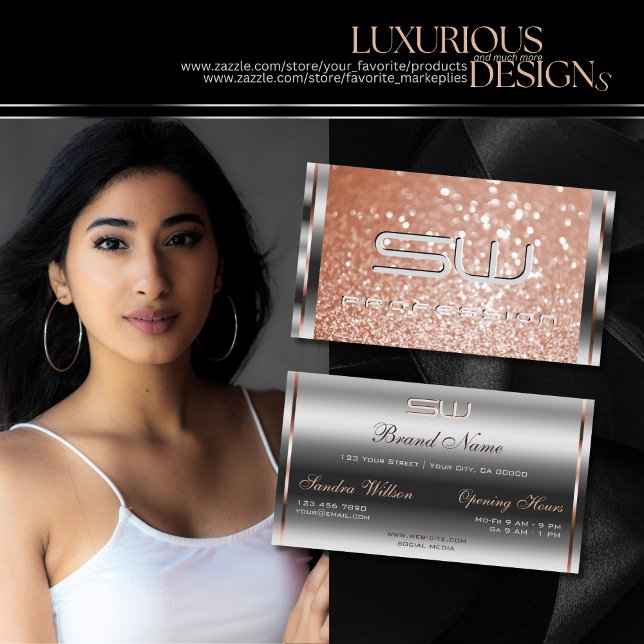Luxus Silver Rose Gold Sparkle Glitzer Monogram Visitenkarte (Von Creator hochgeladen)
