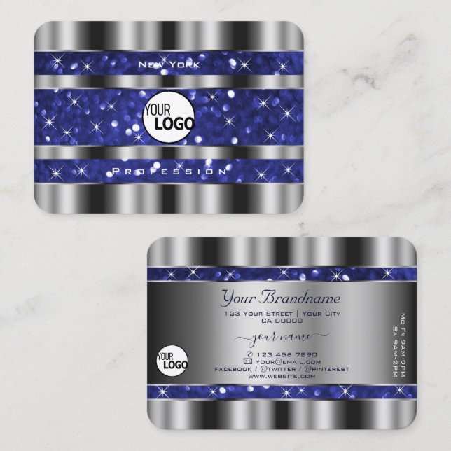 Luxus Silver Royal Blue Sparkle Glitzer Logo hinzu Visitenkarte (Vorne/Hinten)