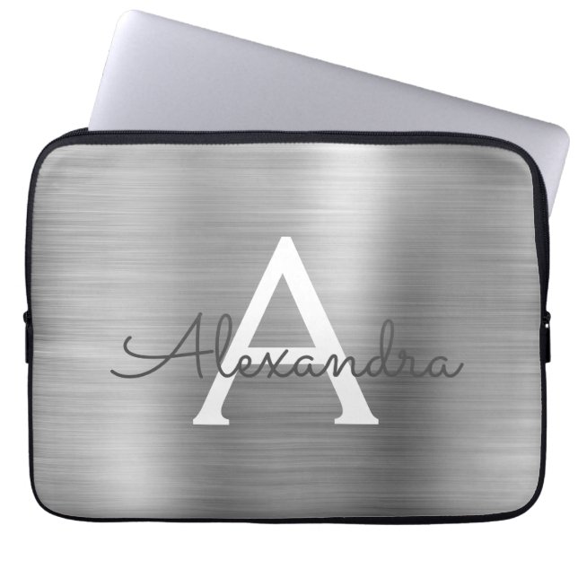 Luxus Silver Stainless Steel Monogram Laptopschutzhülle (Vorderseite)