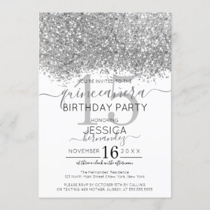 Luxus Silver White Glitzer Confetti Quinceañera Einladung