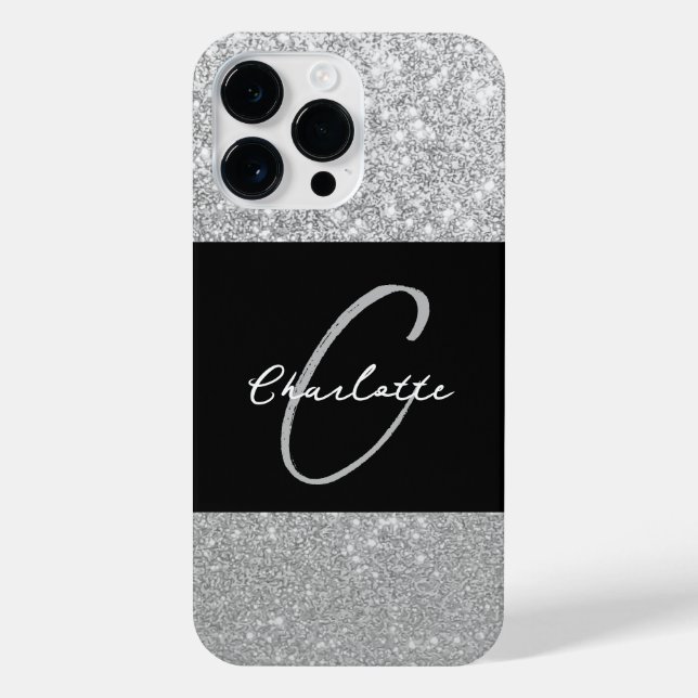 Luxus Sparkle Silver Glitzer Name iPhone 14 Pro Max Hülle (Rückseite)