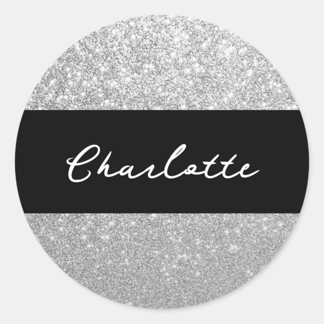 Luxus Sparkle Silver Glitzer Name Runder Aufkleber (Vorderseite)