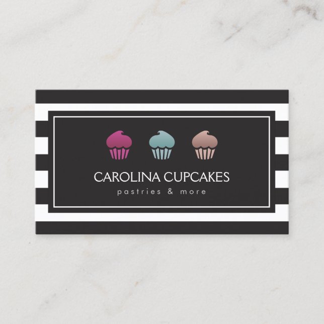 Luxus Striped Cupcake Trio Bäckerei Business Card Visitenkarte (Vorderseite)