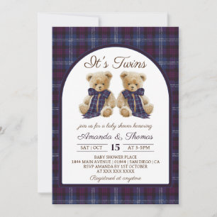 Luxus-Tartan-Zwillinge-Baby-Party Bär Einladung