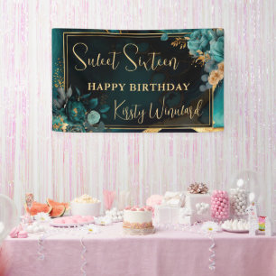 Luxus-Teal- und Gold-Blumen-Achat-Sweet-16-Willkom Banner