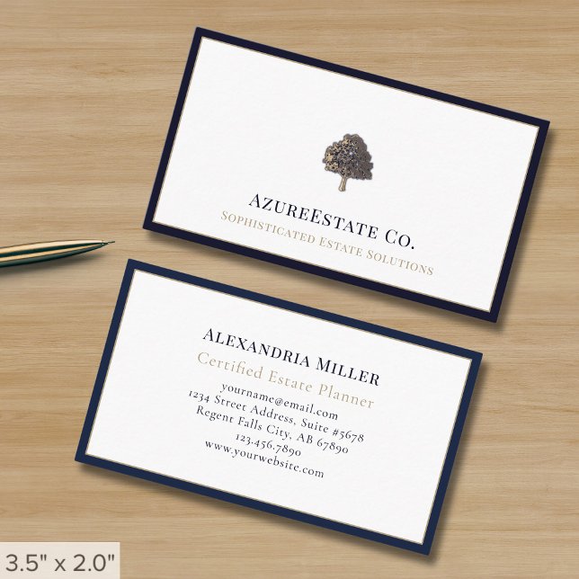 Luxus Tree Logo Navy Blue Border Visitenkarte (Von Creator hochgeladen)