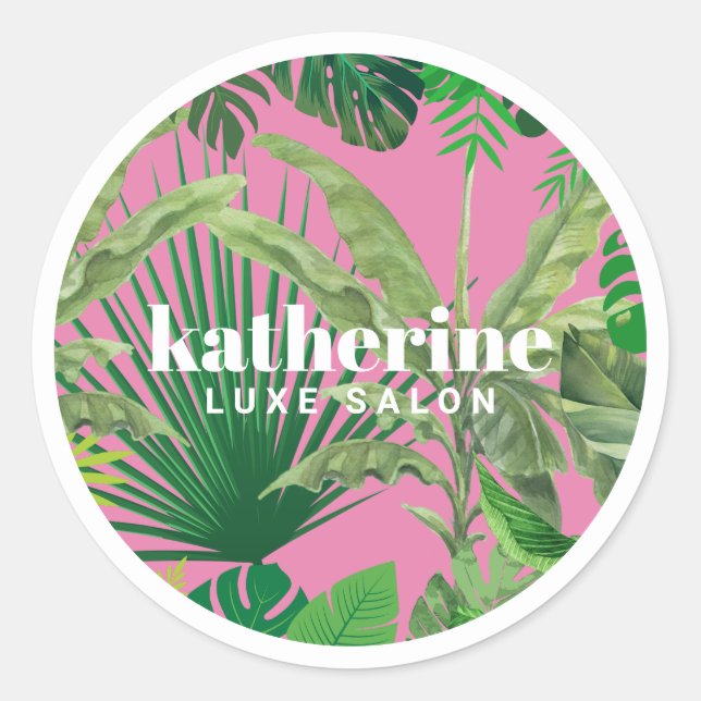 Luxus Tropical Moderne Boutique & Salon Pink Runder Aufkleber (Vorderseite)