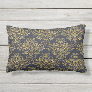 Luxus, Vintag, elegant, Marineblau, Gold, Blumen Kissen Für Draußen