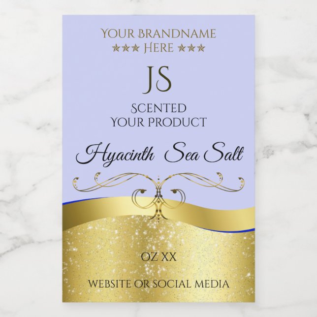 Luxus Wavy Gold Light Blue Monogram Product Label Lebensmitteletikett (Einzelnes Label)