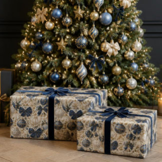 Luxus-Weihnachtskugeln in Navyblau, Elfenbein und Geschenkpapier