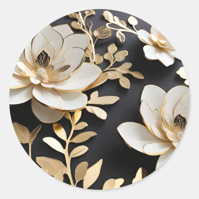 Luxus Weiß und Gold Floral Runder Aufkleber (Vorderseite)