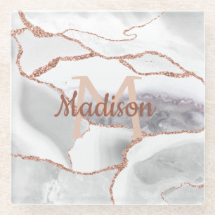 Luxus Weiße Rosen Gold Achat Monogramm Glitter Glasuntersetzer