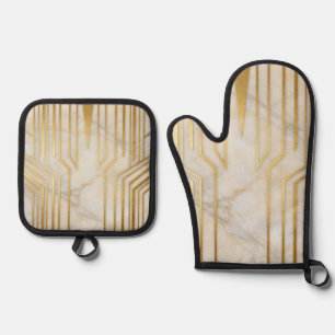 Luxus Weißer Marmor Gold Geometrisches Muster Ofenhandschuh & Topflappen-Set