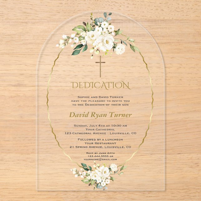Luxus White Blume Gold Boy Dedication Acryleinladungen (Vorderseite)