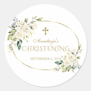 Luxus White Blume Gold Christening Runder Aufkleber