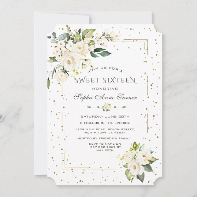 Luxus White Blume Gold Glitzer 16 . Geburtstag Einladung (Vorderseite)