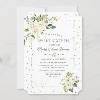 Luxus White Blume Gold Glitzer 16 . Geburtstag Einladung