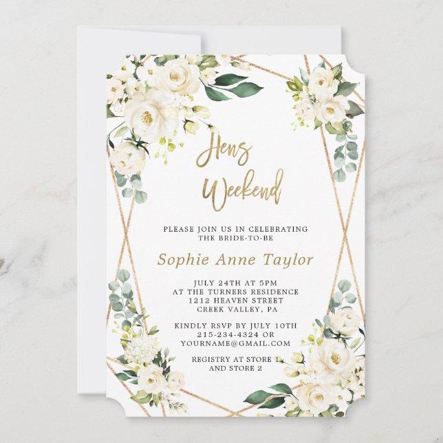 Luxus White Floral Gold Bachelorette Wochenende Einladung (Vorderseite)