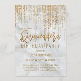 Luxus White Gold Glitzer Pearl Marble Quinceañera Einladung