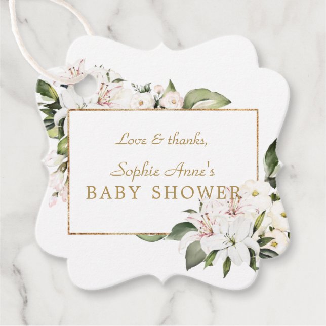 Luxus White Imperial Lilies Rose Babydusche Geschenkanhänger (Vorderseite)