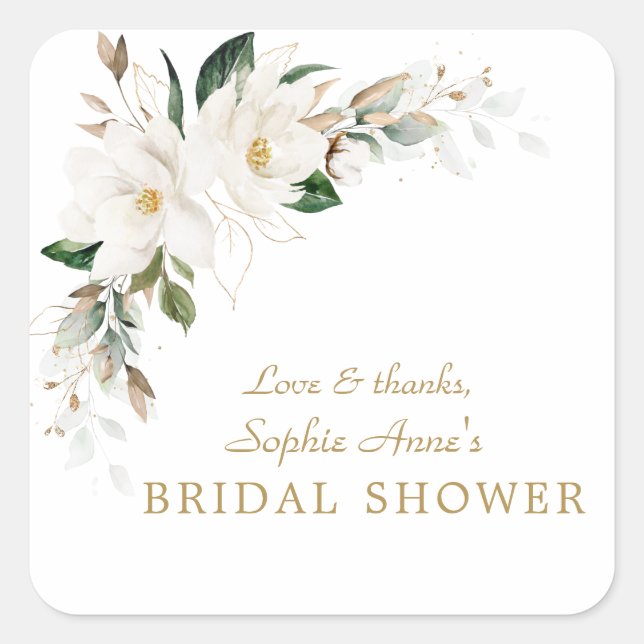 Luxus White Magnolia Floral Brautparty Quadratischer Aufkleber (Vorderseite)