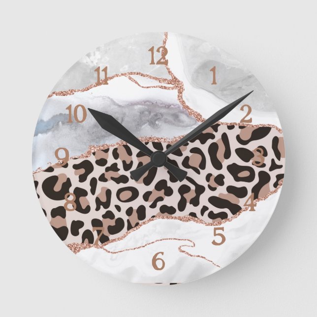 Luxus White Rose Gold Glitzer Agate Leopard Print Runde Wanduhr (Vorderseite)