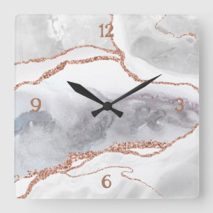 Luxus White Rose Gold Glitzer Agate Quadratische Wanduhr