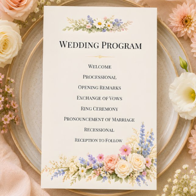 Luxus-Wiesenblumenwiese mit romantischen Blumen (Part of the luxury wildflower meadow wedding theme collectiion, program card)