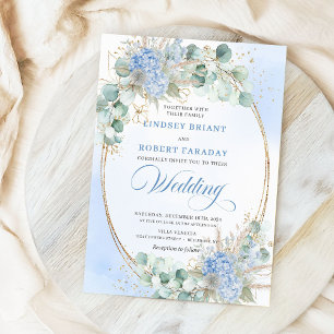 Luxusblaue florale Weizen-Gold-Oval-Hochzeitskarte Einladung