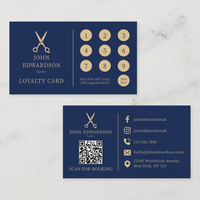 Luxusblaue Gold-Barbier-Schere Logo QR-Code Treuekarte (Vorne/Hinten)