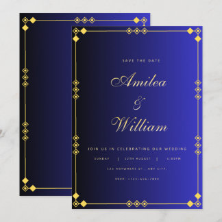 Luxusblaue und goldene Hochzeits-Einladung – Elega Save The Date