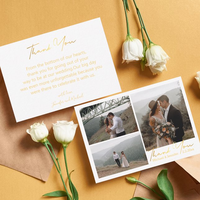 Luxusgold Dank 3 Foto Collage Hochzeitsschick Mitteilungskarte (Von Creator hochgeladen)