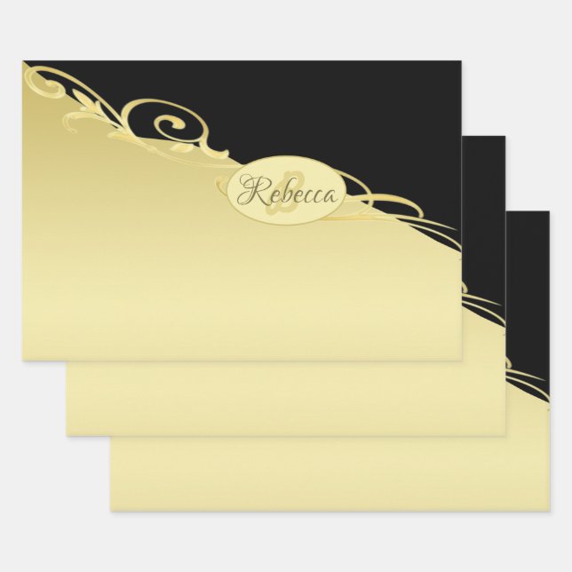 Luxusgold dekoriert auf Gold & Schwarz, Monogram, Geschenkpapier Set (Set)