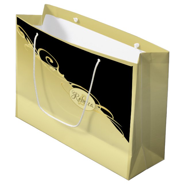 Luxusgold dekoriert auf Gold & Schwarz, Monogram, Große Geschenktüte (Vorderseite Schrägansicht)