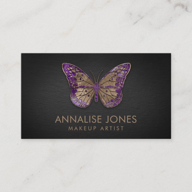 Luxusgold und Amethyst Schmetterling auf schwarzem Visitenkarte (Vorderseite)
