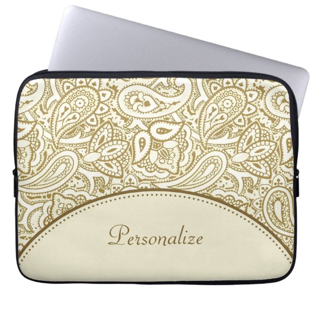 Luxusgold-und Elfenbein-Paisley-Damast mit Namen Laptopschutzhülle (Vorderseite)