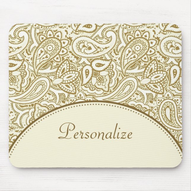 Luxusgold-und Elfenbein-Paisley-Damast mit Namen Mousepad (Vorne)