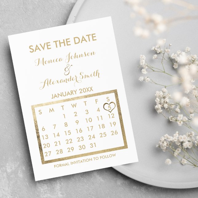 Luxuskalender für Weiß und Gold Save the Date Ankündigungspostkarte (Luxury White and Gold Calendar Save the Date )