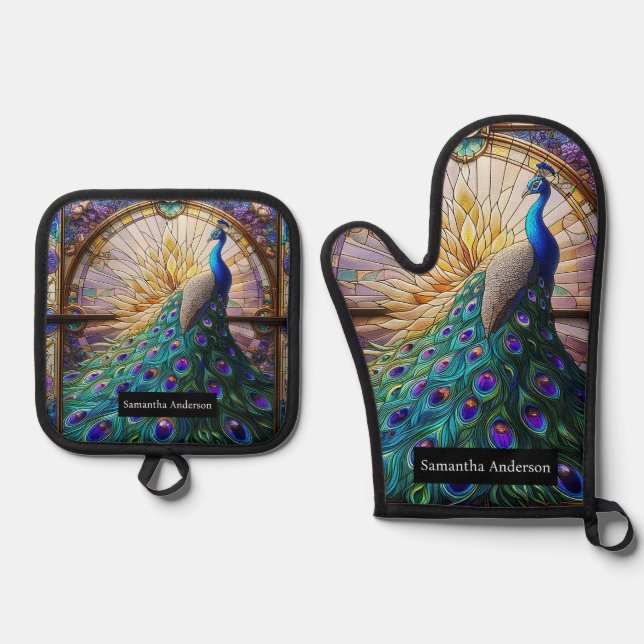 Luxusküche: Glass Peacock Ofenhandschuh & Topflappen-Set (Vorderseite)